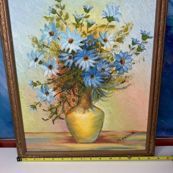 Impressionist Flower Painting By M Cusack Blue Daisies Impasto Vintage Framed - Picture 11 of 12